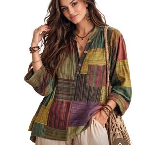 Kathmandu Imports Top Large Patchwork Striped Cotton Boho Tunic Multicolor New